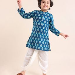 Babyhug Cotton Woven Full Sleeves Floral Printed Kurta & Dhoti Set - Indigo & White-image-72