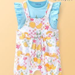 Babyoye Eco Conscious 100% Cotton Interlock with Eco Jiva Finish Dungaree With Frill Sleeves T-Shirt Floral Print - White & Blue-image-92