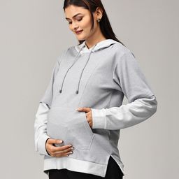 The Mom Store Full Sleeves Solid Maternity Hooded Sweatshirt With Concealed Zipper Nursing Access - Grey-image-49