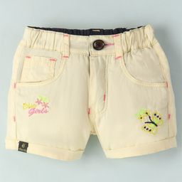 Olio Kids Cotton Above Knee Length Shorts with Text & Butterfly Embroidered - Yellow-picture-14