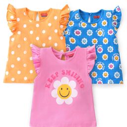 Babyhug Cotton Frill Sleeves Tops With Floral Smiley & Polka Dots Print Pack of 3 - Multicolor-image-68