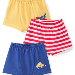 Doodle Poodle 100% Cotton Knit Briefs with Striped Car & Aeroplane Print Pack of 3 - Blue Yellow & Red-image-99