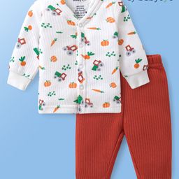 Babyoye Cotton Knit Full Sleeves Front Open Thermal Vest & Pant Set with Carrot & Tractor Print - White & Red-image-94