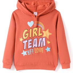 Tango Fleece Knit Full Sleeves Hooded Sweatshirt with Text Print - Rust Orange-image-28