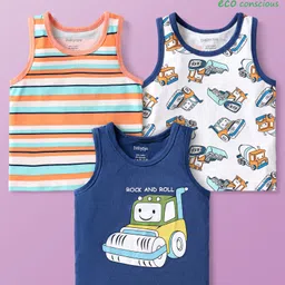 Babyoye Cotton Elastane Knit Sleeveless Vests With Striped & Vehicle Print Pack Of 3 - Navy Blue White & Orange-picture-14