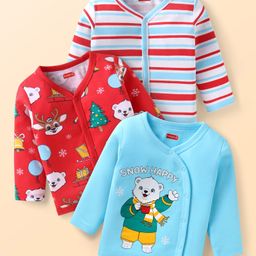 Babyhug 100% Cotton Interlock Knit Full Sleeves Front Open Vests With Stripes & Animal Print Pack Of 3 - Light Blue Red & White-image-101
