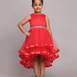 Toy Balloon Kids Net Sleeveless Beads Embellished High Low Dress - Coral-image-74