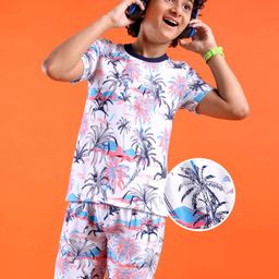 Pine Kids Single Jersey Knit Half Sleeves Shorts Set with Beach Theme Print - White-image-98