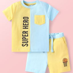 Babyhug Single Jersey Knit Half Sleeves T-Shirt & Shorts Set With Cut & Sew Design & Text Print - Light Blue & Yellow-image-70