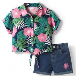 Babyhug Rayon Woven Half Sleeves Front Open Top & Denim Shorts Set With Floral Print & Embroidery - Navy Blue-image-27