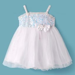 Babyhug Woven Singlet Dress With Sequinned Yoke & Bow - White-image-2