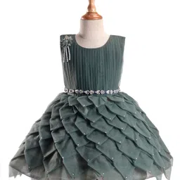 Enfance Sleeveless Stone Embellished Floral Applique Flared Dress - Green-picture-19