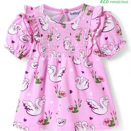 Babyoye 100% Cotton Knit Half Puffed Sleeves Smocked Top with Duck Print & Frill Detailing - Pink-image-67