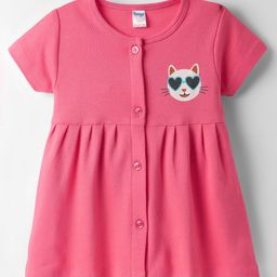 Tango Interlock Knit Half Sleeves Front Open Frock With Cat Print - Coral-image-44