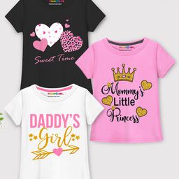 Trampoline Cotton Blend Pack Of 3 Half Sleeves Daddys Girl Text & Heart Printed Tees - Multi Colour-image-81