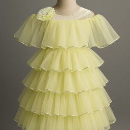 Enfance Cold Shoulder Sleeves Floral Applique Layered Knee Length Dress - Lemon-image-39