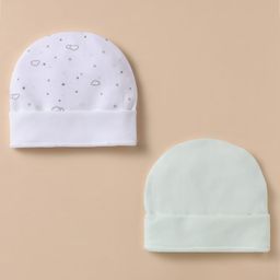 Bubble Pop Cotton Knit Baby Caps with Cloud & Star Print Pack of 2 White - Diameter 9 cm-image-80