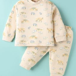 Zero Interlock Knit Full Sleeves Co-ords Night Suit with Jungle Theme Print - Beige-image-9