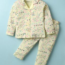 Doreme Single Jersey Knit Full Sleeves Co-Ord Night Suit With Floral Print - Light Yellow-image-95