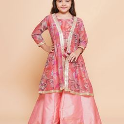 Bitiya By Bhama Silk Woven Floral Printed Gota Lace Embellished Lehenga Choli With Three Fourth Sleeves Shrug Set - Peach-image-76