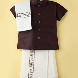 Dapper Dudes Half Sleeves Textured Shirt & Abstract Printed Mundu Lungi With Angavastram Set - Maroon-picture-41