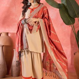 Sangria Women Colourblocked Round Neck Kurti With Sharara & Woven Design Dupatta-picture-53