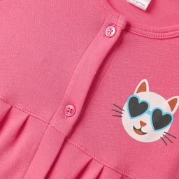 Tango Interlock Knit Half Sleeves Front Open Frock With Cat Print - Coral image 3