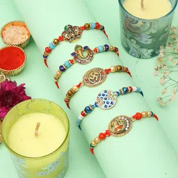 Aapno Rajasthan Set Of 5 Thread Rakhi With Jar Candles Gift Set-37