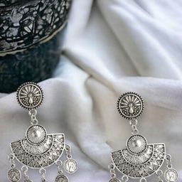 Sangria Silver-Plated Contemporary Oxidised Drop Earrings-13