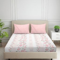 Nivasam White & Pink Floral Printed Cotton 400 TC Fitted King Bedsheet Set 1.98 m x 1.82 m-image-74