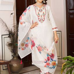 NIZA FASHION Floral Embroidered V Neck Kurta With Trousers & Dupatta-image-50