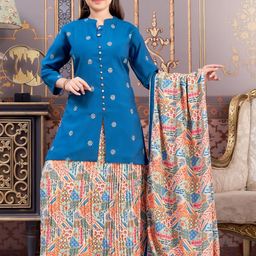 Muhuratam Girls Turquoise Blue Pure Silk Kurta Sets-image-63