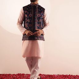 SOJANYA Geometric Self Design Band Collar Straight Kurta With Pyjama & Nehru Jacket-picture-24