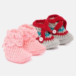 MayRa Knits Pack of 2 Hand Knitted Pearl Embellished & Color Block Design Booties - Pink & Multi Color-image-50