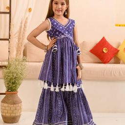 Pspeaches  Sleeveless All Over Bandhej Motif & Striped Pattern Detailed Flared Tassel Hem Kurta With Coordinating Gota Lace Embellished Sharara - Blue-image-18