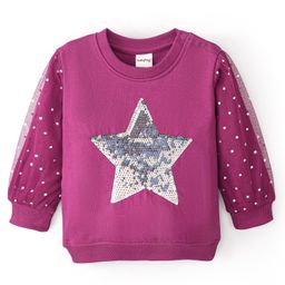 Babyhug Cotton Knit Balloon Sleeves Sweatshirt With Sequins Foil Print & Mesh Detailing - Purple-image-30