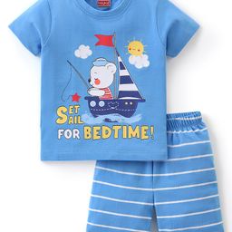 Babyhug Cotton Half Sleeves Night Suit Stripes & Bear Print- Blue-image-13