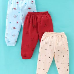 Mini Donuts Cotton Full Length Lounge Pants Bear & Avocado Print Pack Of 3 - Red Blue & Peach-image-10
