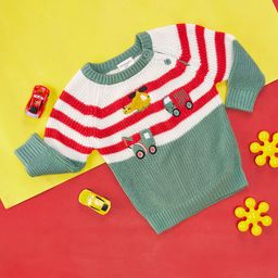 Pantaloons Baby Full Sleeves Striped Pattern Vehicles Designed Pullover - Green-picture-26