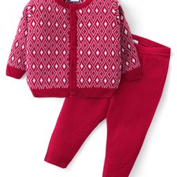 Babyhug Knitted Full Sleeves Front Open Sweater Set With Argyle Design - Multicolor-image-2