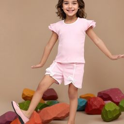 TOONYPORT 100% Cotton Cap Sleeves Ribbed & Bow Detailed Coordinating Tee With Shorts - Baby Pink-picture-20