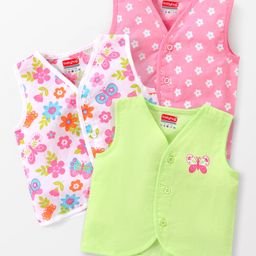 Babyhug 100% Cotton Woven Sleeveless Front Open Vest Floral & Butterfly Print Pack Of 3 - Green White & Pink-image-20