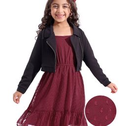 Hola Bonita Dobby Fabric Dress with Full Sleeves Textured Jacket - Red & Black-image-1