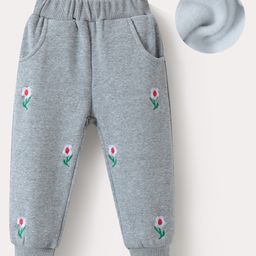 Kookie Kids Full Length Solid Color Lounge Pant with Floral Embroidery - Grey-image-8