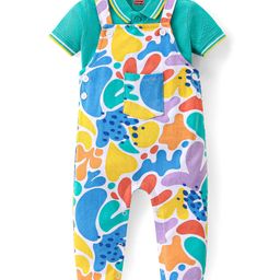 Babyhug Single Jersey Knit Dungaree and Half Sleeves Solid Color T-Shirt Set - Green Blue & White-image-24