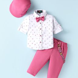 Robo Fry Cotton Woven Full SleevesNautical Theme Printed Shirt & Trouser Set with Bow Hat & Suspender -White-image-26