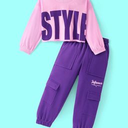 Ollington St. 100% Cotton Knit Full Drop Shoulder Sleeves Text Printed Top & Cargo Joggers with Pocket Detailing - Pink & Purple-image-82