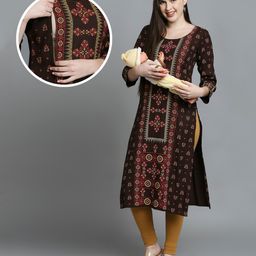 True Shape Three Fourth Sleeves Ethnic Printed Maternity Kurta With Concealed Zipper Nursing Access - Brown-image-10