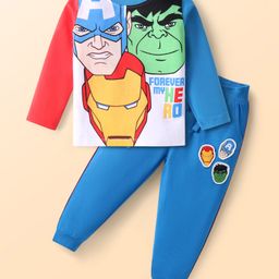 Babyhug Marvel Single Jersey Knit Full Sleeves T-shirt & Lounge Pant Set With Avengers Graphics & Badge Detailing - White Red & Blue-image-89