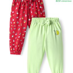 Babyoye 100% Cotton Knit with Eco-Jiva Finish Floral Printed Leggings with Bow Applique Pack of 2 - Red & Light Green-image-91